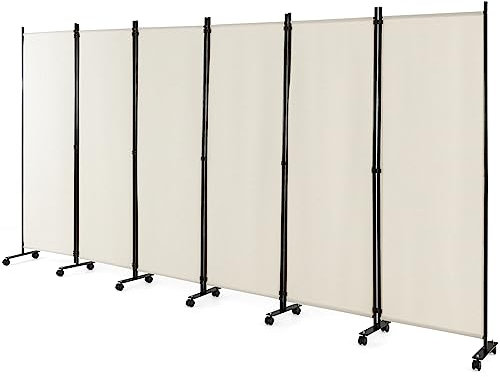 COSTWAY 6 Panel Folding Room Divider, Rolling Wall Privacy Screen Protector with Wheels, Freestanding Paravent Partition Separator for Living Room, Bedroom and Office, 335 x 172cm (White)