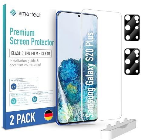 smartect TPU Schutzfolie 2 + 2 Stück für Samsung Galaxy S20 Plus | Displayschutz + Kameraschutz, HD Panzerfolie Anti-Kratzer, Ultra-klar, Blasenfrei, Fingerabdruck kompatibel, Hüllenfreundlich