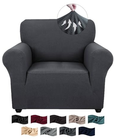 CYCMACO High Stretch Sofa Überzug 1 Sitzer, Sesselhusse rutschfest, Couch Bezug Elastischer, Jacquard Sofahusse Mit Armlehnen, Universal Sofa Covers, Couchüberzug Waschbare, Dunkelgrau
