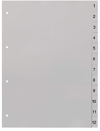 Ordnerregister 1-12, neutral, ohne Deckblatt, 12-teilig, DIN A4, PP, lichtgrau (10er Set)