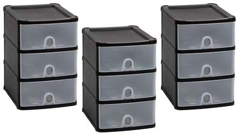 Plastic 3 Tier Drawer Storage Tower Unit Modular Storage Cabinet Chest Drawer Office Files Home Makeup Organiser Multipurpose Space Saving For Stationery School Garage Bathroom (Clear/Black) -