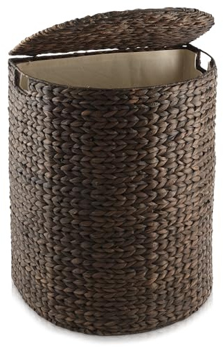 Casafield Half Moon Laundry Hamper with Lid and Removable Liner Bag - Espresso Dark Brown, Woven Water Hyacinth Laundry Basket for Clothes and Towels