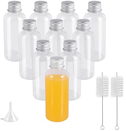 16pcs 60ml Small Shot Bottles with Lids mini Bottles with Funnel ＆ Brush | Mini Plastic Bottles Small Juice Bottle Reusable for Alcohol, Juice, Beverages and Various Seasoning Powders