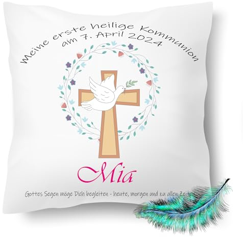 Print Deluxe Kommunion Geschenk, Personalisierbares Kissen bedrucktes für Jungen und Mädchen, mit Namen, Datum,Kreuz Taube Symbole| Dekokissen,| Kuschelkissen 40X40 (ohne Kissenfüllung)