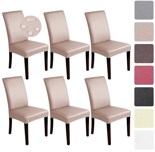 Alishomtll Stretch PU Stuhlhussen 6er Set Kunstleder Stuhlbezug Schwingstuhl wasserdicht Elastische Esszimmer Universell Waschbare Stuhlbezüge für Küche Restaurant Hotel Hochzeit (Khaki Rosa 6 Stück)