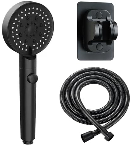 FZYCOM Duschkopf mit Schlauch und Halterung, Wassersparender Handbrause, 6 Strahlarten Wassersparend, Handbrause mit 1.5M Schlauch, Ohne Bohren Halterung, Schwarz