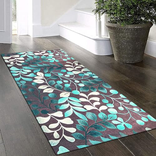 Yinghesheng Küchenteppich Läufer Teppich Lang Flur rutschfest Teppichmatten Küchenläufer 60x160cm Weiß türkis braun 3D-Blättermuster Korridor Teppichläufer Waschbar Meterware Flurläufer Anpassbar