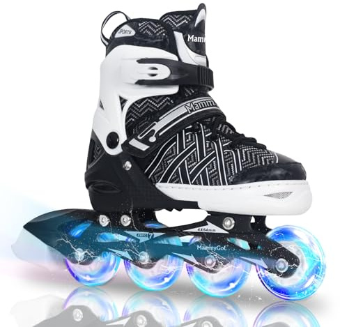 MammyGol Inline Skates for Boys Girls, Outdoor Adjustable Roller Skates for Kids Youth Beginners with Full Illuminating Safe Black