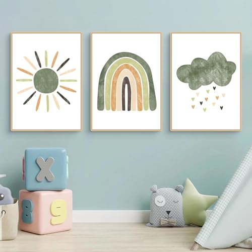 Herfair 3er Set Bilder Kinderzimmer Grün Regenbogen Wolken Wandbilder Boho Deko Poster Babyzimmer Ohne Rahmen für Jungen Mädchen Schlafzimmer Wanddeko