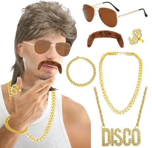 Roserrose Vokuhila PerüCke Herren 70er 80er, PerüCke Vokuhila MäNner 7er Set, 80er Jahre Outfit Herren Mit Goldkette, Sonnenbrille, Schnurrbart, Goldring - FüR Thema KostüM Party