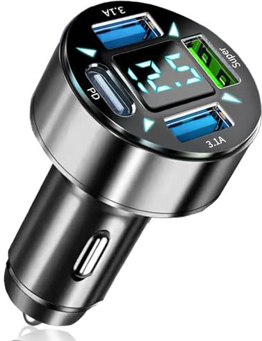 Cargador de coche USB 53 W con 4 puertos, adaptador encendedor con tecnología Dual PD+QC3.0, compatible con iPhone, Android, Samsung, Tablet, voltímetro LED integrado para monitoreo de batería