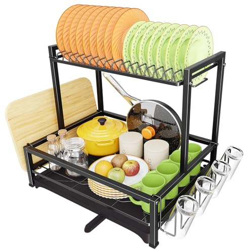 Simple Trending Dish Drying Rack, 2-Tier Dish Rack for Kitchen, Stainless Steel Dish Drainer, Black