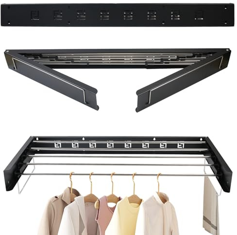 Gemsaya Étendoir à linge mural 100 cm, en acier inoxydable, pliable, avec 5 tiges et 2 poignées pour serviette, économiseur d'espace, noir rétractable