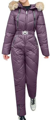Damen-Skianzug, einteiliger Daunenskianzug, einfarbig, Ski-Anzug mit verstellbarer Taille, schmale Passform, Skianzug für Damen, Fellkapuze, Skianzug mit gesteppten Einsätzen, bequemer isolierter