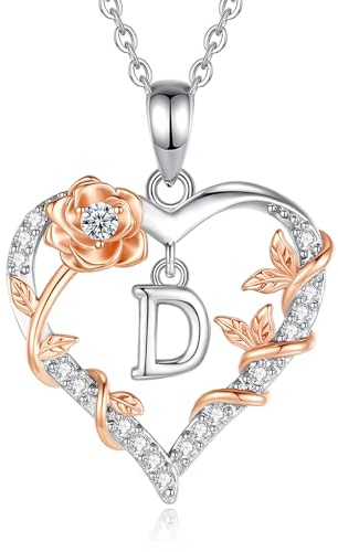 EUDORA Harmony Ball Rose Heart Initial D Necklace for Women Letter D Alphabet Initial Necklaces Copper Rhodium Plated Pendant with Cubic Zirconia, Initials Jewelry Gifts for Women Wife 18