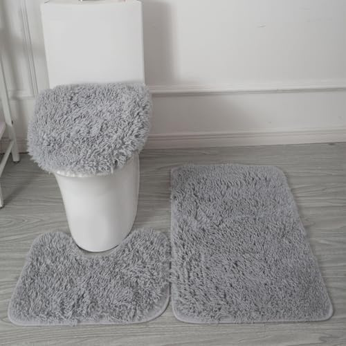 Weiche Mikrofaser-Badezimmerteppich-Set, rutschfeste Badematte, flauschiger Plüsch-WC-Sitzbezug für Badezimmer, wasserabsorbierende Badematte, maschinenwaschbar (grau)
