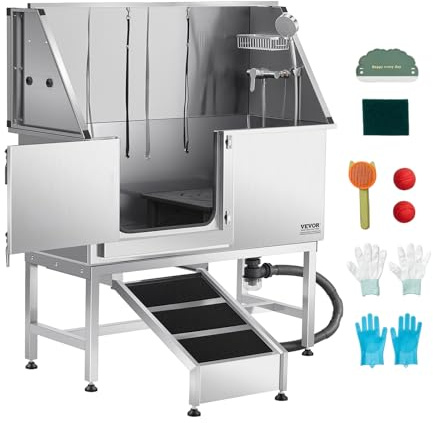 VEVOR Stainless Steel Dog Washing Station, 127 cm Pet Grooming Tub w/Ramp, PE Water Filter Board, Faucet & Showerhead & Soap Holder Dog Bathtub for Large & Medium & Small Pets (Left Door)