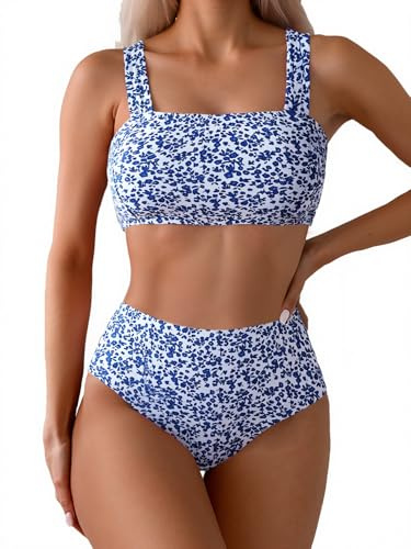 Fanuerg Women's High Waisted Bikini Sets Wdie Straps Two Piece Swimsuit Blue Floral Print Bathing Suits XL