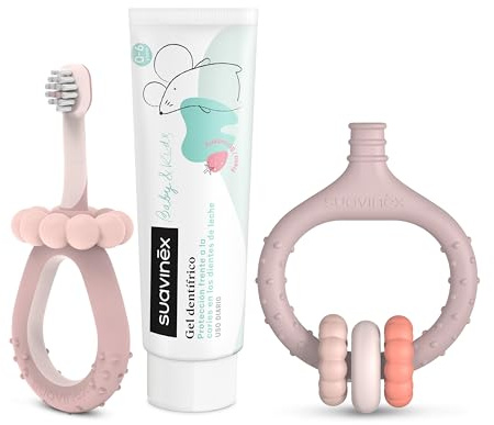 Suavinex, startset för tandvård, inklusive tandborste för spädbarn tandköttsmassageapparat tandkräm för spädbarn, som present, ergonomiska handtag, för dagligt bruk, från 0 månader, rosa