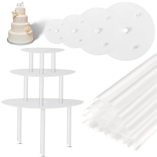 Cake Dowels for Tiered Cakes, 14 Support Rods with 4 Separator Plates, Cake Dowels Supports Rods for Tiered Cakes, Re-usable Plastic Stand Sticks for Multi-Layer Construction Supporting 4,6,8,10 Inch