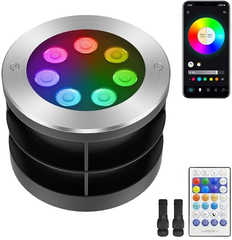 Yotivki Smart Low Voltage Landscape In-Ground Lights – DC24V 5 * 6W RGBCW Color-Changing LED Spotlights (16 Colors + Warm/Cool White), App & RF Remote Controlled, IP67 Waterproof, 304 Stainless Steel