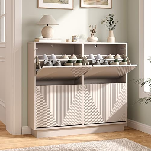 UEV Slim Shoe Cabinet with 4 Flip Drawers, Carved Line Fronts, Narrow Storage Unit with Anti-Tip Design for Hallway, Living Room or Entryway, Cashmere
