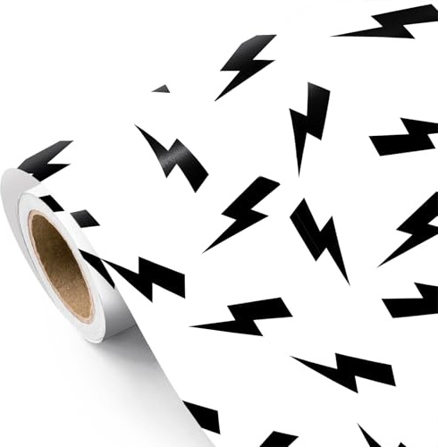 RUSPEPA Geschenkpapierrolle mit schwarzen Blitzmustern - Mini-Rolle - 43,2 cm x 5 m - Weiß-schwarzes Geburtstagsgeschenkpapier, perfekt für Männer und Jungen, Babyparty