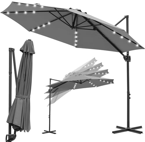 Vkechh Sonnenschirm Rechteckig Ø 300 cm, Ampelschirm Gartenschirm mit Kurbel, UV-Schutz, Wasserdicht, Balkonschirm Höhenverstellbar und Knickfunktion, Kurbelschirm mit LED, 360° Drehbar, Grau