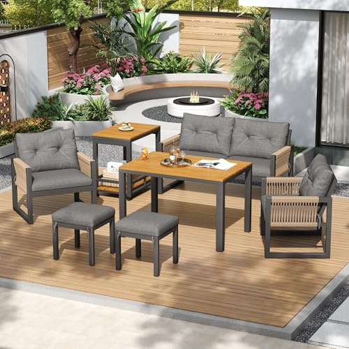 ECLIVON Gartenmöbel Sitzgruppe für 6 Personen, Outdoor Möbel 6-teilig | Für Garten Balkon Terrasse, Mit Sofa & Couchtisch, Gartenmöbel Set mit Sitzkissen & Kissen, Balkonmöbel Essgruppe,Grau+Natur