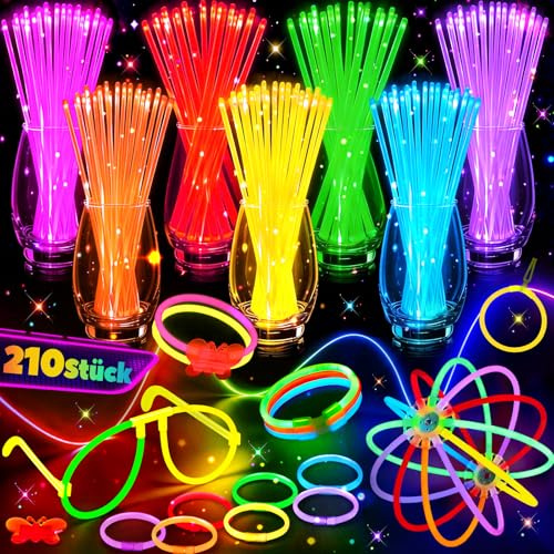 210 Stück Knicklichter Party Set,100 Leuchtstäbe mit 100 Verbinder, Brillen, Ohrringe, Armband, Neon Party Deko für Festival, Hochzeit, Mitgebsel, Gastgeschenke für Geburtstag, Halloween, Weihnachten