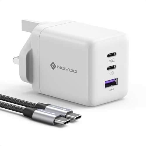 NOVOO 100W USB C Charger, GaN III Fast Charger Block with 3 Ports, PD 3.0 & PPS, Compact Power Adapter UK Plug for MacBook, iPhone 16/15 Pro, Galaxy S25/S24 Ultra, iPad Pro, Dell XPS 13 – White
