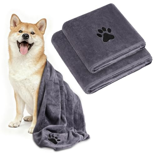 Adiwo 2 Pezzi Asciugamani per Cani, 140x70cm e 75x35cm Asciugamano Microfibra, Asciugamani Pet Morbidi e ad Asciugatura Rapida, Super Assorbente, Coperta Animali per Cani e Gatti, Grigio