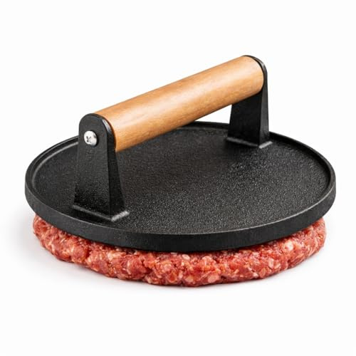 Cast Iron Burger Press Set, Round and Rectangular Grill Press with Wooden Handle, Circle