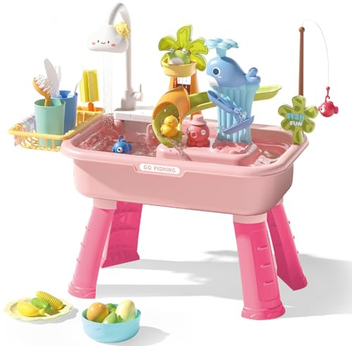 Zenova Water Table, Kids Sand & Water Play Table with Fishing Pond Game & Electric Circulating Water, 90° Rotating Faucet Removable Legs Play Sink for Toddlers Age 2+ Outdoor Indoor (Pink)