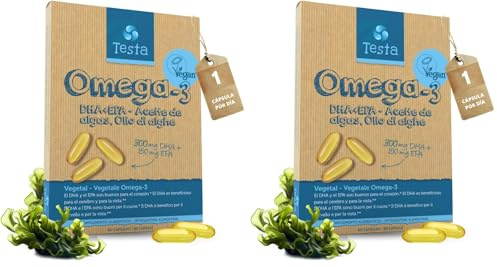 Testa Omega-3 Aceite de Algas cápsulas de 450mg Omega-3 Vegano DHA + EPA - (60 cápsulas) (Paquete de 2)