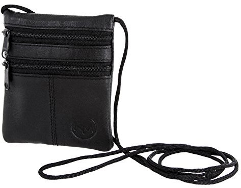 Brustbeutel Leder - Klein Schwarz Braun Vintage Geldbeutel Geldbörse Umhängen Sichtfenster Damen Herren Mädchen Junge Kinder Busausweis Kleingeld Geldbeutel Sichtfach Reißverschluss RFID Reise