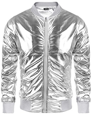 COOFANDY Herrenjacke in Metallic, 70er-Jahre Disco-, Dance- und Party-Kostüm, glänzende Baseball/Bomberjacke mit Reißverschluss
