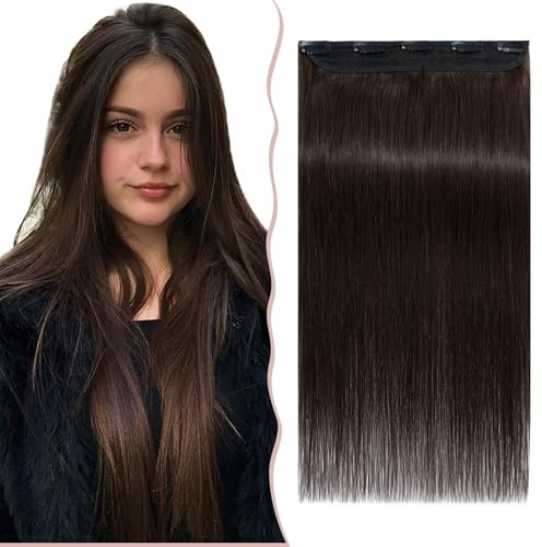 Clip in Hair Extensions Echthaar Haarverlängerungen Kopf 100% Remy Human Haar 5 Clips ein Tresse Dunkelbraun#2 24(61cm)-60g