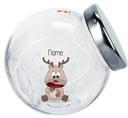 Herz & Heim® Keksdose aus Glas mit Deckel - bedruckt mit niedlichen Rentier und Ihrem Wunschnamen