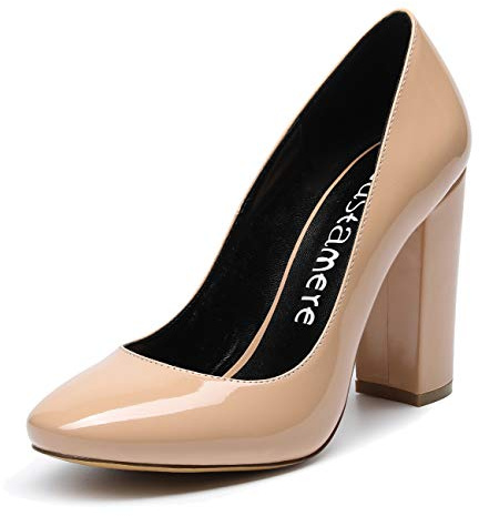 Castamere Mujer Clásico Tacón Ancho Zapatos de Tacón Confort Punta Redonda Zapatos Mujer Sexy Boda Vestido Partido Oficina Tacones Altos 10cm Charol Desnudo EU 39