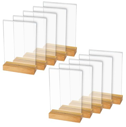 HMF Acryl Tischaufsteller im DIN A5 Hochformat, Tischkartenhalter mit massivem Holzfuß aus Eiche, 10 Stück, T-Aufsteller, Glasklar