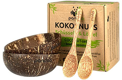 Pandoo Set di 2 ciotole in noce di cocco con cucchiai, 100% prodotto naturale, ottima alternativa alla plastica, realizzato a mano e lucidato con olio di cocco
