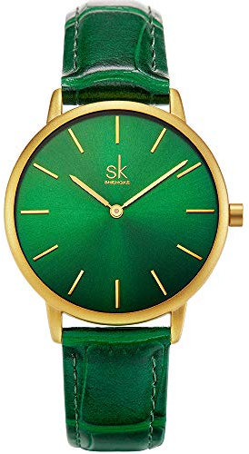 SHENGKE Damen Armbanduhr Kreative Frauen Uhren Marke Uhr Frauen Mesh Kleid Uhr Echtes Leder(Green)