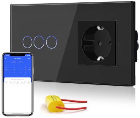 BSEED Interruptor de Luz Táctil WiFi Inteligente,Panel de Cristal,Compatible con Alexa, Smart Life y Tuya (No Necesita Cable Neutro),3 Gang 1 Vía con 1 Enchufe,157mm Negro
