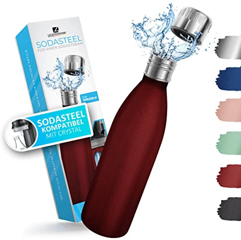 LICHTENWERK® Premium Edelstahl Flasche 0,6L [EINFACH MITNEHMEN] kompatibel mit SodaStream Crystal - Kohlensäure geeignet - Spülmaschinenfest - Edelstahl Trinkflasche - Rot Pulverbeschichtung