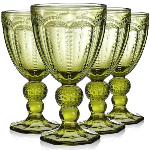 Elsjoy Set mit 4 weingläser bunt, 240 ml Vintage Grün Glaskelch geprägte Trinkgläser für Saft, gläser bunt, Party Hochzeit