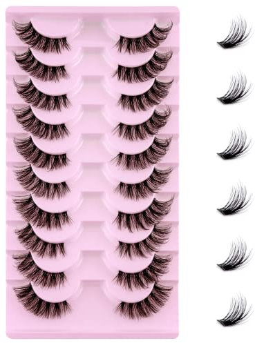 Media Pestañas Postizas 10 pares de Pelo Artificial 3D Multipack, Banda Transparente, Natural Pestañas Falsa Largas Adecuado para Trabajar Citas Fiesta (1002)