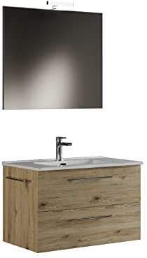 Mama Store Mueble de baño suspendido 80 cm Roble Natural con Lavabo, Espejo y lámpara LED, L.81 x P.47 x H.53 cm, Madera, 81 x P. 47
