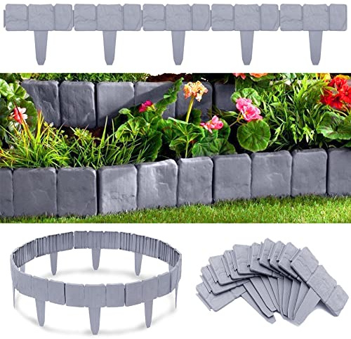 Yznahre 5 m Rasenkante in Steinoptik Grau Beetumrandung Mähkante Randsteine Beeteinfassung Gartenzaun aus Kunststoff, 1 Element (L x H): 25 x 23 cm, 20 Stücke
