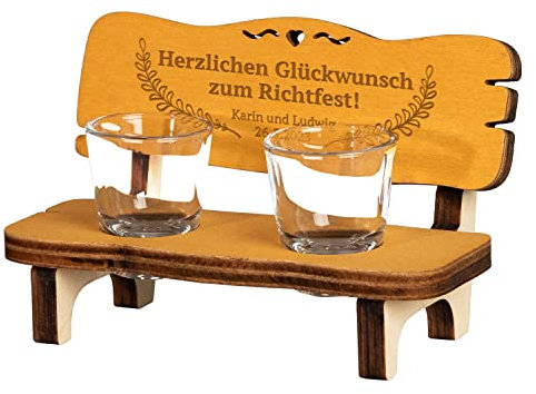 Geschenke 24 | Schnaps-Bank aus Holz zum Richtfest (Glückwunsch) | Einzugsgeschenk | personalisiert mit Wunschnamen und Datum | mit 2 Shot-gläsern | Schnapsbankerl |